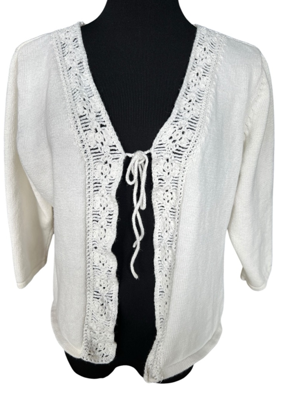 John Paul Richard White Crochet Trim Cardigan Large Boho Tie Front Lightweight